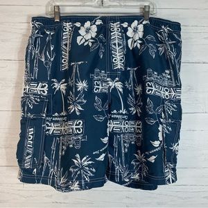 Caribbean Joe Board Trunks Men L Blue White Tiki Hut Palm Tropical Swim Shorts